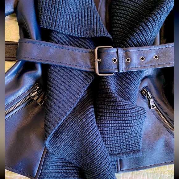 G.I.Ll. Blue faux leather belted moto jacket, attached knit shawl collar NWOT - Picture 5 of 15